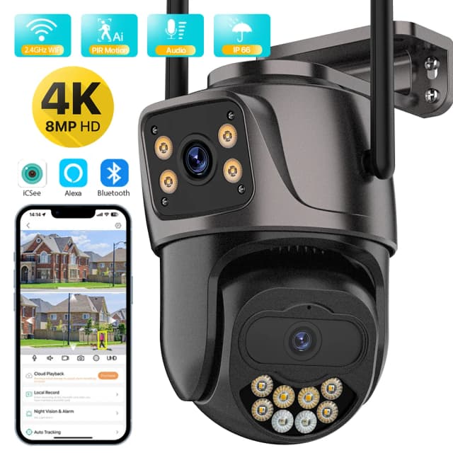 การรักษาความปลอดภัยแบบไร้สายกลางแจ้งกล้อง IP 4K 8MP HD Dual เลนส์ภายนอก Wifi กล้อง PTZ การติดตามอัตโนมัติ Street การเฝ้าระวังกล้อง iCsee