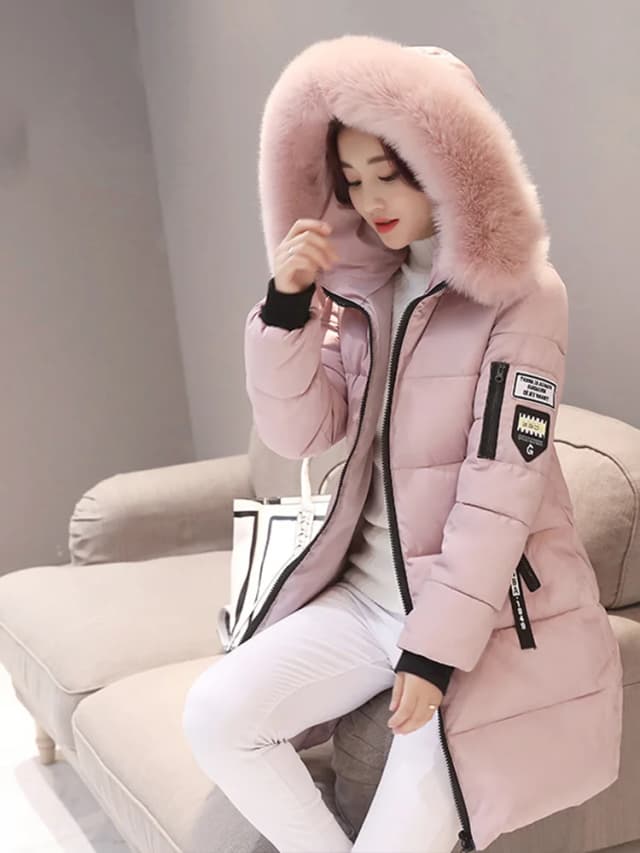 ผู้หญิงฤดูหนาวขนสัตว์Hooded Parkaแฟชั่นPatchซิปกระเป๋ายาวElegant Slim Warmหนาหญิงเสื้อ