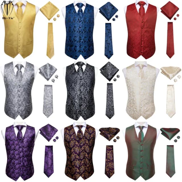 ยี่ห้อใหม่ชายเนคไท Hankerchief Cufflinks ผ้าไหมชายเสื้อกั๊กชุดสำหรับชุดสีดำสีเทาสีแดงสีน้ำเงินสีชมพูสีชมพู