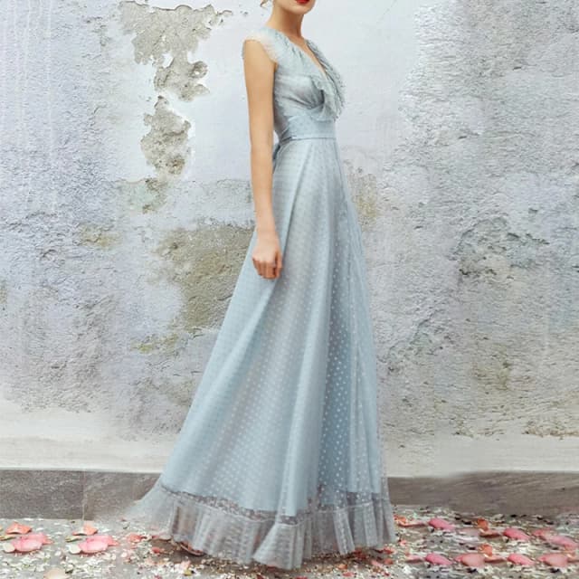 Super Fairy Temperament Flocking เส้นด้ายสุทธิกระโปรงยาว V คอ Slim ชุดฝรั่งเศส Retro Ruffled ชุดวันเกิดชุดสตรีชุด