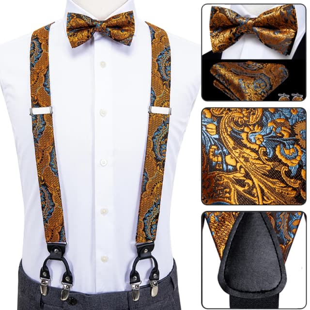 ผ้าไหมหรูหราผู้ใหญ่ผู้ชาย Suspenders โลหะ 6 คลิปวงเล็บ Bow Tie Hanky Cufflinks ชายงานแต่งงาน Vintage ปรับ