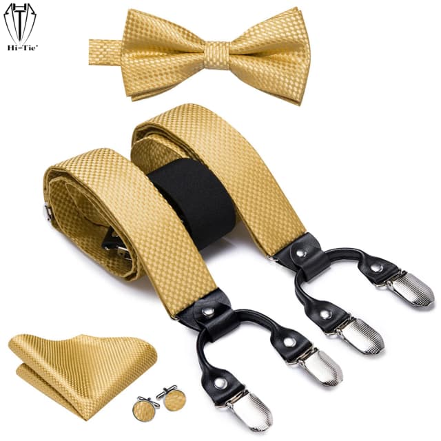 Hi-Tie ผ้าไหมผู้ชาย Suspenders ชุดทอง Jacquard ธรรมดา6คลิปชายวงเล็บ Bowtie Cufflinks Hanky หนังสีดำ Y สายรัดของขวัญ