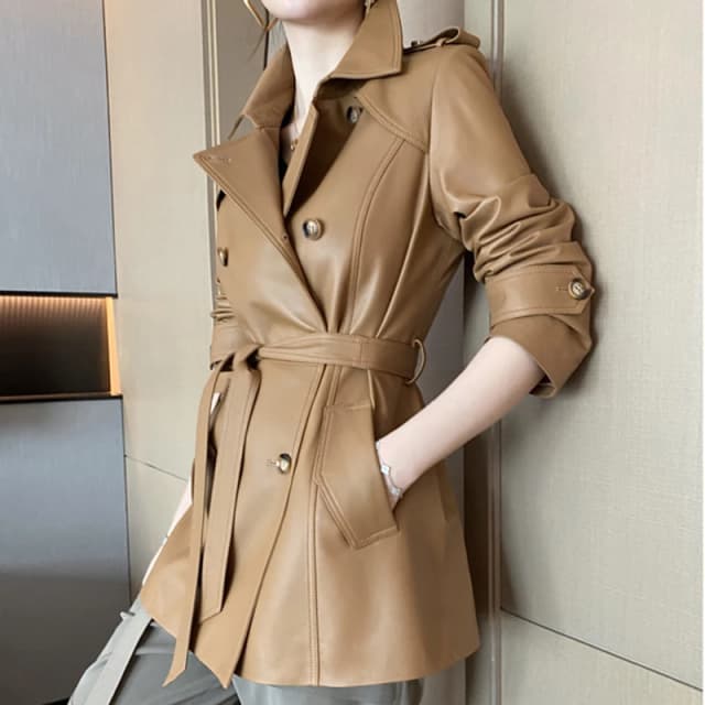 Sheepskin Coat ผู้หญิงฤดูหนาวใหม่แฟชั่น Lapel Double-Breasted เข็มขัดเอวปิดขนาดกลางยาวของแท้หนัง Jacket Trench