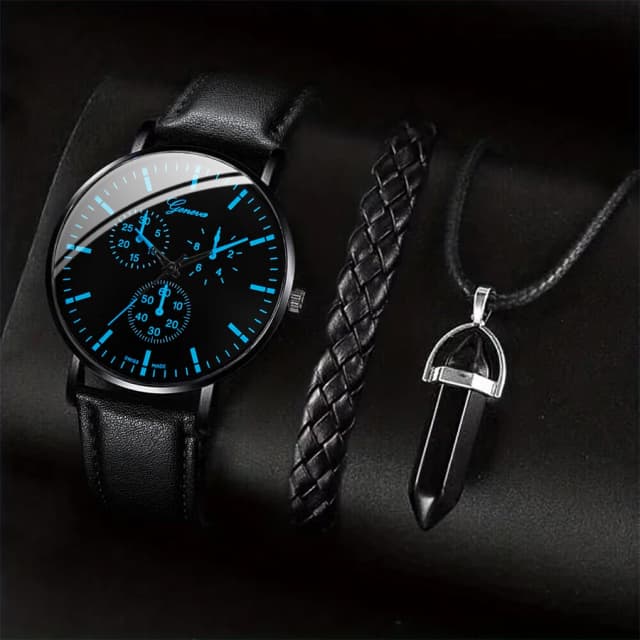 3 ชิ้น/เซ็ตผู้ชายธุรกิจนาฬิกา Casual หนัง Band Analog ชายควอตซ์นาฬิกาสร้อยคอสร้อยข้อมือชุด