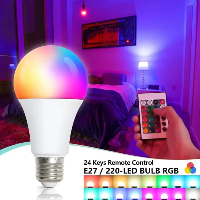 หลอดไฟ LED RGB E27 สีขาว 220V พร้อมรีโมทคอนโทรล IR เปลี่ยนสีได้หลายสี สำหรับตกแต่งห้องนอน งานปาร์ตี้ และบ้าน