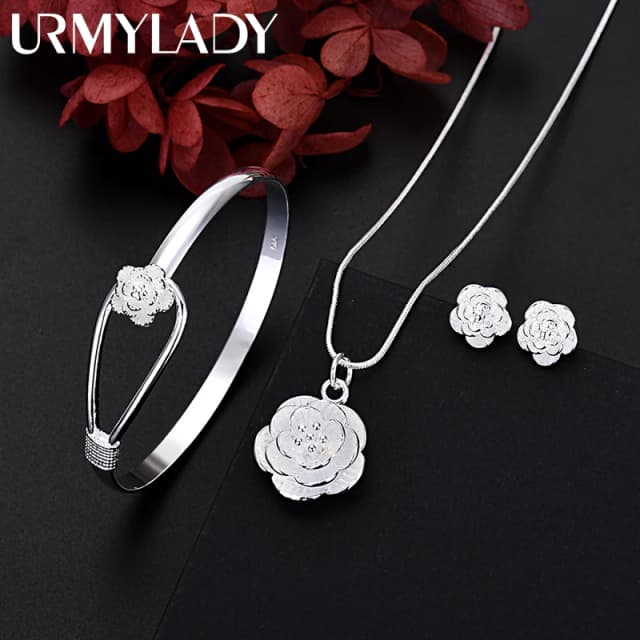 Fine 925 เงินสเตอร์ลิง Charm ดอกไม้สร้อยคอต่างหูกําไลข้อมือเครื่องประดับสําหรับผู้หญิง Retro ชุดงานแต่งงานของขวัญอินเทรนด์น่ารัก