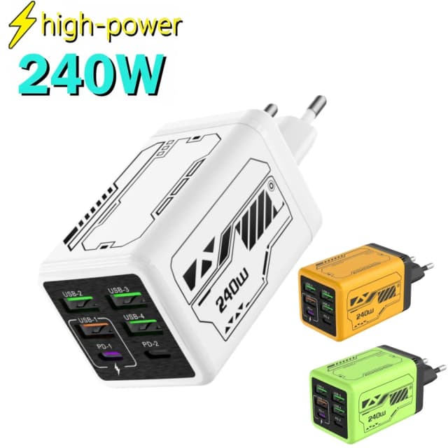 อะแดปเตอร์ชาร์จไฟ 240W 6 พอร์ต USB รองรับ PD ชาร์จเร็ว สำหรับ iPhone Samsung Xiaomi หัวปลั๊ก EU/US/UK รองรับ Quick Charge 3.0