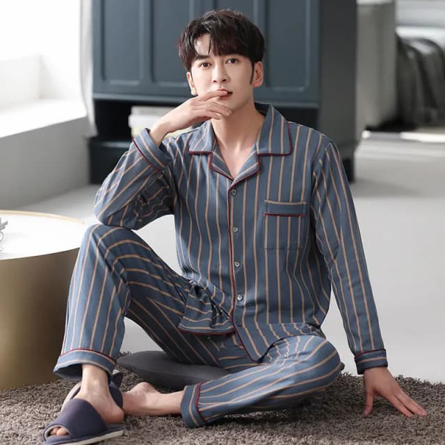 ชุดนอนผู้ชายแขนยาวขายาวสำหรับฤดูใบไม้ผลิ ฤดูใบไม้ร่วง และฤดูหนาว แบบบางสำหรับวัยกลางคน ชุดนอนลำลองใส่สบายๆ อยู่บ้าน