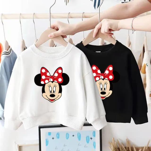 เสื้อสเวตเตอร์มินนี่สำหรับเด็กผู้หญิงฤดูใบไม้ผลิ/ฤดูใบไม้ร่วงเสื้อแขนยาวทรงหลวมลายการ์ตูนดิสนีย์แฟชั่นเสื้อสวมหัวคอกลมมีฮู้ด