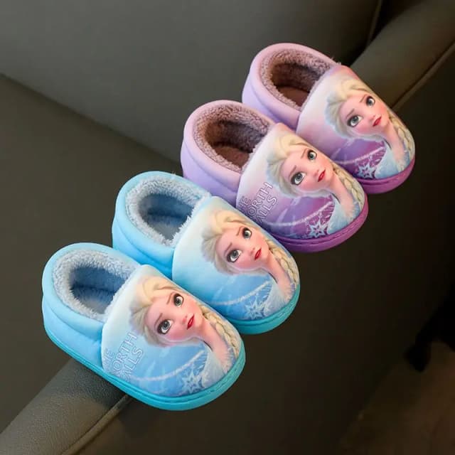Disney Princess Elsa ฤดูหนาวเด็กส้นรองเท้าแตะผ้าฝ้ายหญิงอบอุ่นแช่แข็งเด็กผ้าฝ้ายสีดําสีม่วงรองเท้าขนาด 24-40