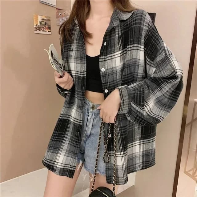 เสื้อลายสก๊อตผู้หญิงแฟชั่นฤดูใบไม้ร่วงแขนยาวหญิง Vintage Single Breasted เสื้อสุภาพสตรี Preppy สไตล์หลวมตรวจสอบเสื้อ