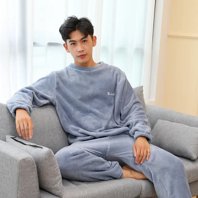 หนาผู้ชายที่อบอุ่นชุดนอนกํามะหยี่ปะการังฤดูใบไม้ร่วงฤดูหนาว Homewear แขนยาวกางเกงนุ่มชุดนอน 2 ชิ้น/เซ็ตคู่