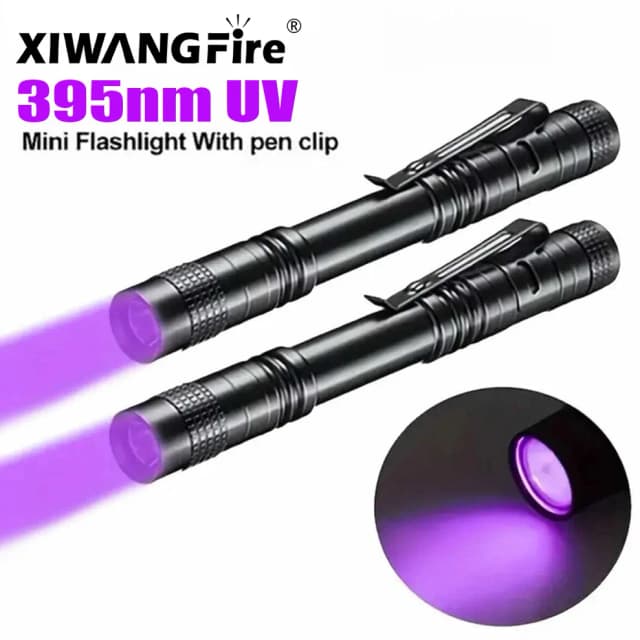 ไฟฉาย UV 395nm ไฟฉายอัลตราไวโอเลตพร้อมคลิปปากกาแบตเตอรี่ AAA แบบพกพาใช้แสงสีม่วงปัสสาวะสัตว์เลี้ยงเครื่องตรวจจับแมงป่อง UV
