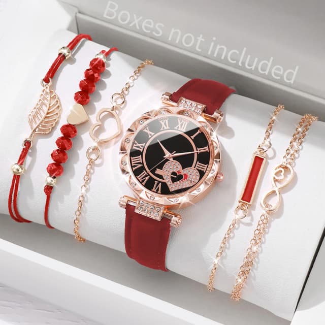 6 ชิ้น/เซ็ตนาฬิกาผู้หญิงแฟชั่น Roma Heart Dial หนัง Band นาฬิกาควอตซ์ Leaf สร้อยข้อมือชุด (ไม่มีกล่อง)