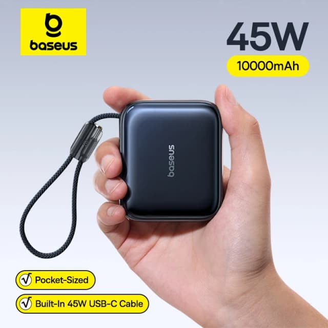 แบตสำรอง Baseus 45W ขนาดเล็ก 10000mAh พร้อมสาย USB-C ในตัว ขนาดพกพา ชาร์จเร็ว สำหรับ iPhone 17 Samsung S25