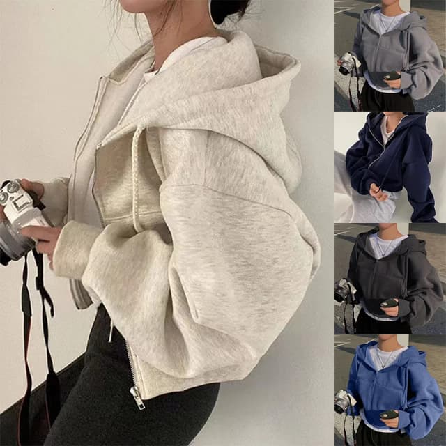 2024 ฤดูใบไม้ผลิฤดูใบไม้ร่วงใหม่ Insfleece-เรียงรายอเนกประสงค์ Cropped Slims Smooths Silhouette Zip-up WARM Navy Blue Hooded Sweatshirt ผู้หญิง