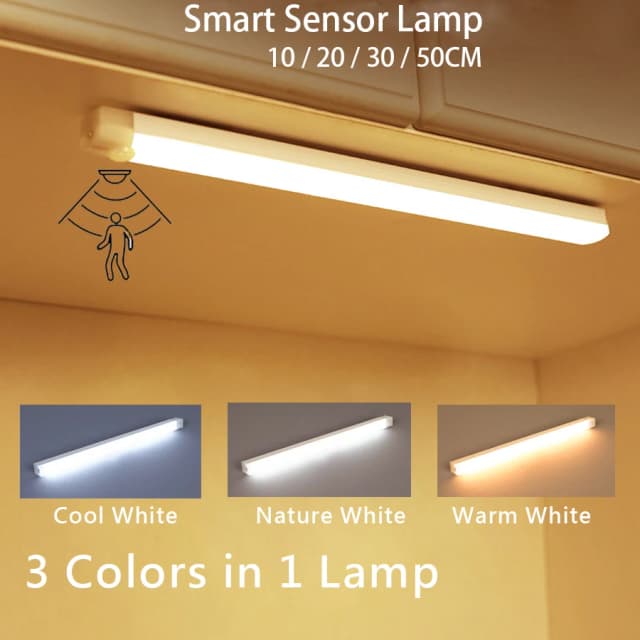 Luz LED nocturna inalámbrica con Sensor de movimiento, lámpara de barra de tira larga recargable por USB para armario de cocina, mesita de noche, tubo de escalera