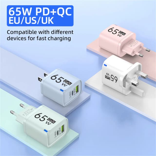 อะแดปเตอร์ชาร์จเร็ว PD 65W USB C สำหรับ iPhone 16 17 Xiaomi Samsung Huawei OnePlus หัวปลั๊กแบบ EU US UK สำหรับเดินทาง