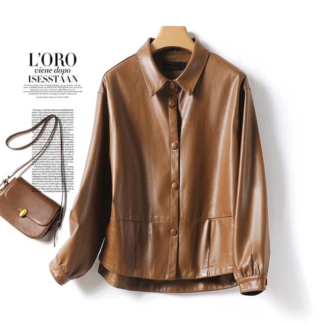 2024 ฤดูใบไม้ผลิฤดูใบไม้ร่วงผู้หญิงสั้นSheepskin Casualหลวมปุ่มปิดสุภาพสตรีหลวมแยกเสื้อแจ็คเก็ตหนังS-2XL