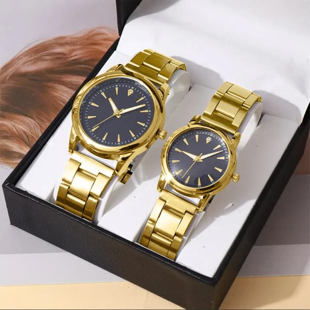2PCS แฟชั่นคู่นาฬิกาผู้ชายหรูหราผู้หญิงสแตนเลสสตีลควอตซ์นาฬิกา Reloj Mujer (ไม่มีกล่อง)