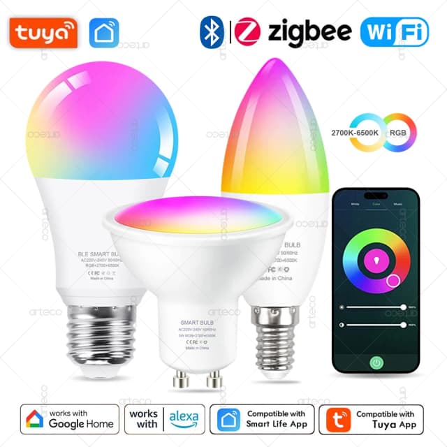 Tuya E27 E14 GU10 หลอดไฟ WIFI Zigbee Bluetooth,หรี่แสงได้สมาร์ทหลอดไฟ LED 2700-6500K RGB,หลอดไฟ LED ทํางานร่วมกับ Alexa Amazon Google