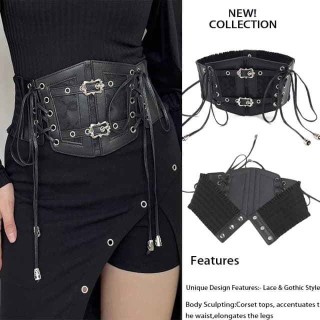 สุภาพสตรี Retro เข็มขัดรัดตัว Pin Buckle ลูกไม้และสไตล์โกธิค Cummerbunds ผูกเชือก Goth Punk สําหรับผู้หญิงเสื้อชุดเข็มขัด