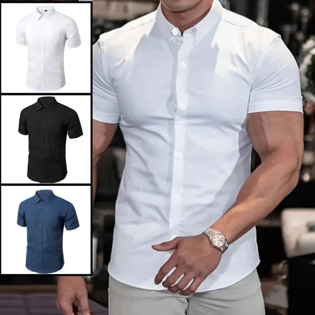 เสื้อเชิ้ตสีพื้นใหม่สำหรับผู้ชายชุดสูทลำลองแบบไม่ต้องรีดผ้าแบบไม่มี XL-XXXL สีดำสีขาวสีกรมท่าฤดูร้อน
