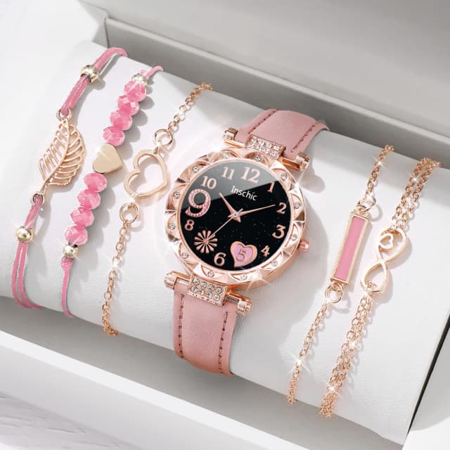 6 ชิ้น/เซ็ตแฟชั่น Heart Dial นาฬิกาผู้หญิง Casual หนัง Band Analog ควอตซ์นาฬิกา Leaf สร้อยข้อมือชุด (ไม่มีกล่อง)