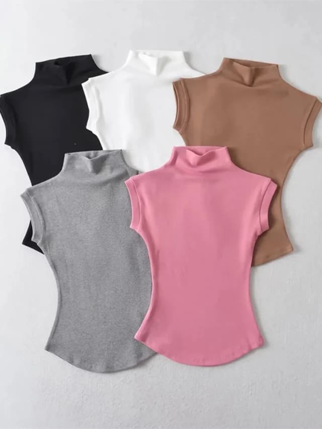 ผู้หญิงฤดูร้อนเซ็กซี่คอเต่าแขนกุดเสื้อยืด Tops SLIM FIT Pullovers Casual Tees เสื้อหญิง Streetwear พื้นฐาน Tees