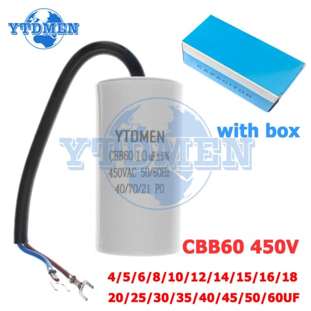 ตัวเก็บประจุ CBB60 450V AC สำหรับมอเตอร์ ตัวเก็บประจุสำหรับการใช้งาน 4UF 6UF 8UF 10UF 12UF 18UF 20UF 30UF 40UF 50UF 60UF สำหรับเครื่องซักผ้า, ปั๊มน้ำ