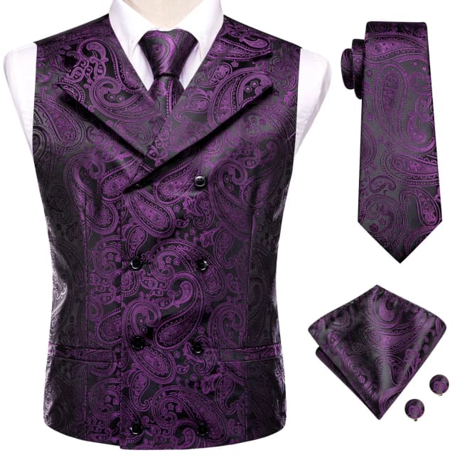 Hi-Tie Dark สีม่วงผู้ชายเสื้อกั๊กผ้าไหม Paisley Jacquard เสื้อกั๊กเสื้อ NeckTie Hanky Cufflinks สําหรับผู้ชายธุรกิจ Hi-Tie