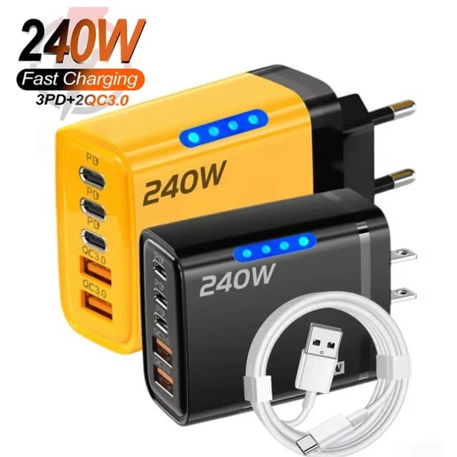 อะแดปเตอร์ชาร์จเร็ว 240W 5 in 1 USB C GaN สำหรับเดสก์ท็อป รองรับการชาร์จเร็ว 10A พร้อมสาย Type C สำหรับ iPhone Samsung Xiaomi หัวปลั๊ก EU/US/UK