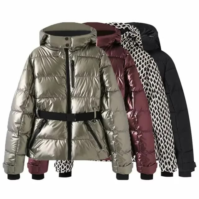 ผู้หญิงฤดูหนาวHooded HighเอวกีฬาParkas Coatsกับเข็มขัดหญิงElegantหนากระเป๋าWindproofเสื้อแจ็คเก็ตสกี
