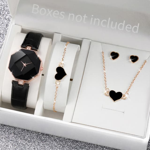 5 ชิ้น/เซ็ตผู้หญิงนาฬิกาแฟชั่นหนัง Band Analog ควอตซ์นาฬิกาหัวใจชุดเครื่องประดับ (ไม่มีกล่อง)