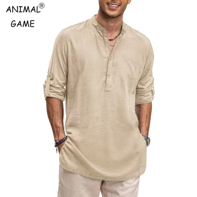 ผู้ชายผ้าฝ้าย Henley เสื้อแขนยาวเสื้อยืดเสื้อชายหาดธุรกิจเสื้อลําลองสีทึบ STAND COLLAR streetwear
