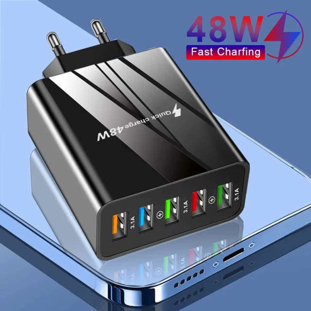 48W USB Charger FAST CHARGE QC 3.0 Wall Charger Adapter สําหรับ iPhone 14 13 Samsung Xiaomi ชาร์จโทรศัพท์มือถือ 5 พอร์ต EU US Plug
