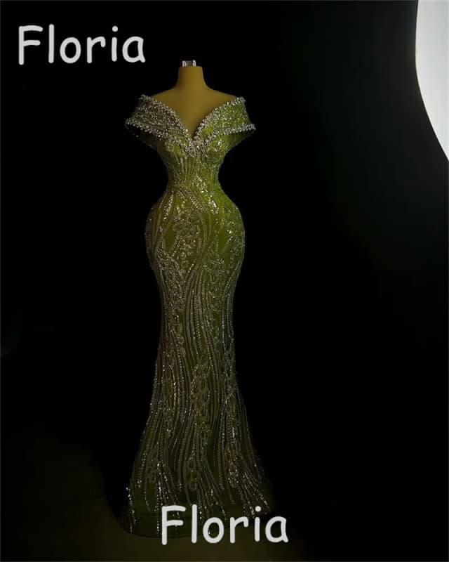 หรูหราสีเขียว Mermaid ชุดพรรคอย่างเป็นทางการคริสตัลเลื่อมคําผู้หญิง Appliques 3D งานแต่งงานชุดราตรีที่กําหนดเอง