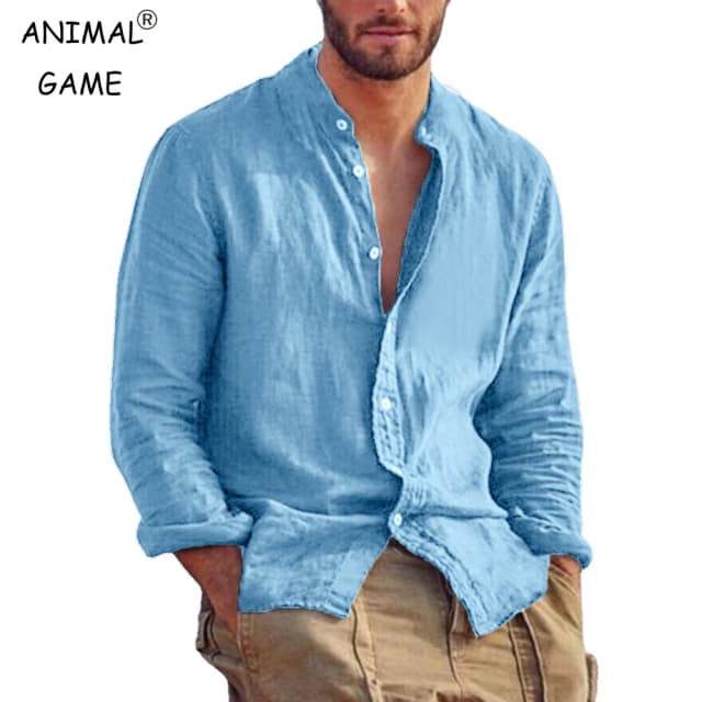 ใหม่ผู้ชายสีทึบเสื้อแขนยาวผ้าลินินผ้าฝ้ายเสื้อแนวโน้ม PLUS-ขนาด STAND COLLAR Casual น้ําหนักเบาเสื้อชายหาด