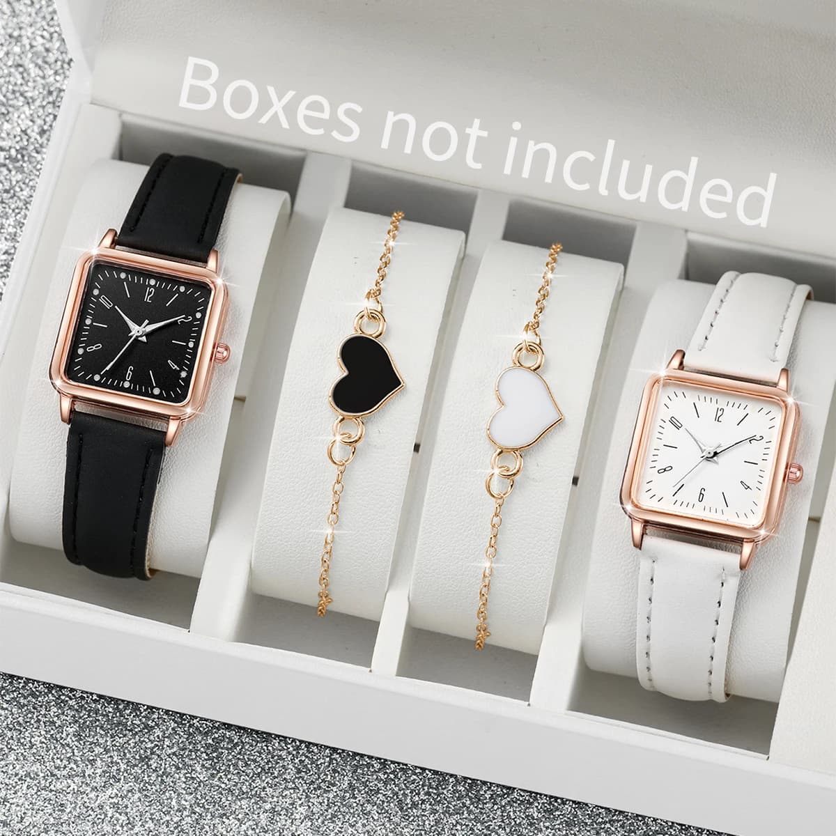 2/4PCS แฟชั่นสแควร์นาฬิกาผู้หญิงหนัง Band นาฬิกาควอตซ์สร้อยข้อมือหัวใจชุด (ไม่มีกล่อง)