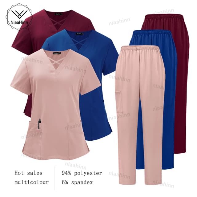 Niaahinn Medical Scrub ชุดพยาบาลโรงพยาบาลแขนสั้นกางเกงชุดพยาบาล Fit ขายส่ง Spandex ขัดชุด