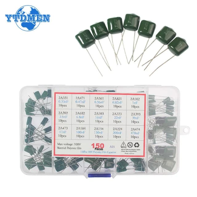 150/180/620PCS ตัวเก็บประจุฟิล์มโพลีเอสเตอร์ชุด 100V 1nF 1.5nF 2.2nF 100nF 2A102J 2A471J 2A222J 2A392J 2A332J 2A472J 2A103J 2A473J