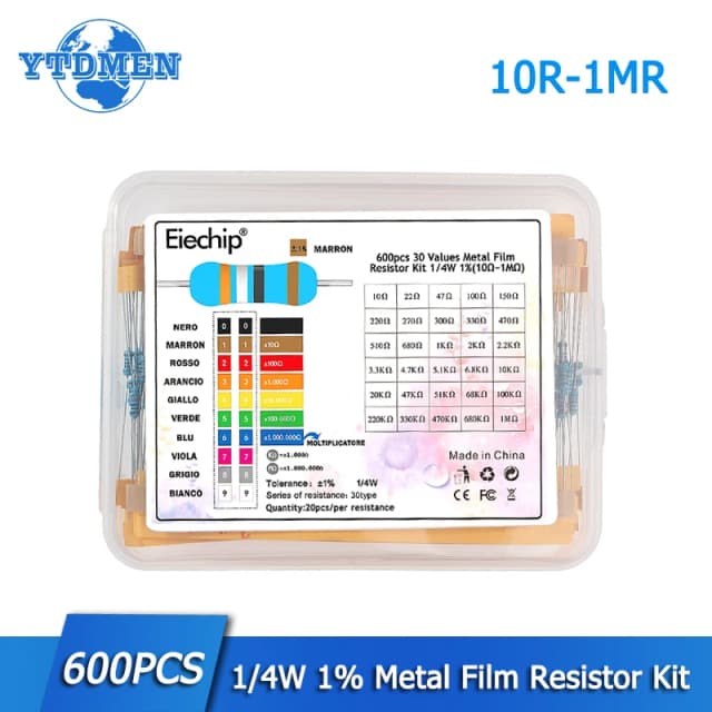 300/600PCS 1/4W ตัวต้านทานฟิล์มโลหะชุดความต้านทาน 1% 30 ค่า 10 Ohm ~ 1M 0.25w ตัวต้านทานชุด