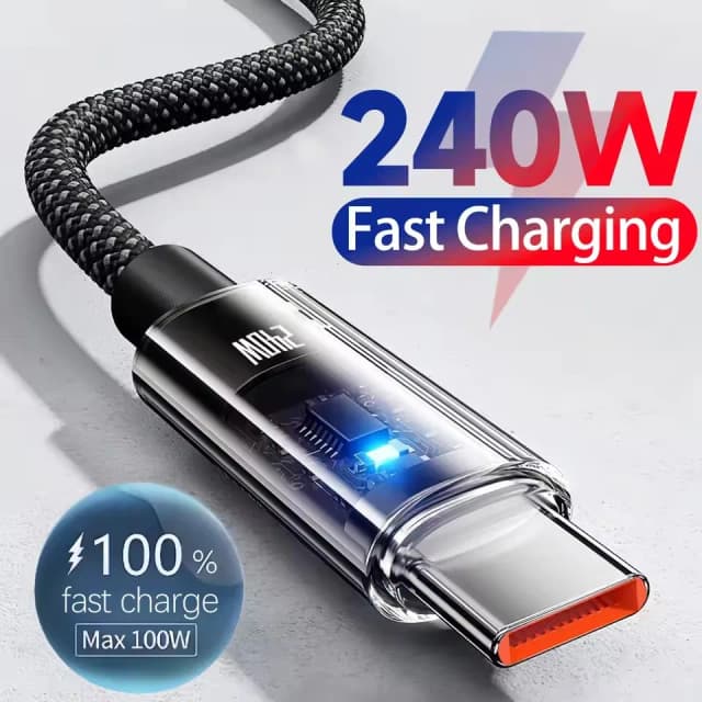สายชาร์จไนลอน 240W ยูเอสบี ชนิด ซีสายชาร์จเร็วสุดสำหรับซัมซุง เสี่ยวมี่ หัวเว่ย ออเนอร์ จอแสดงผลดิจิตอล LED สายชาร์จข้อมูลแบบเร็ว