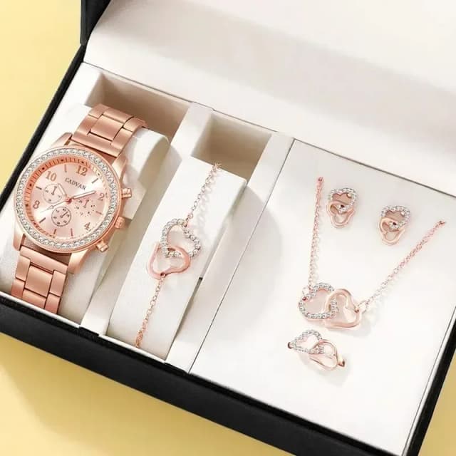 6 ชิ้นชุด Rose Gold Luxury นาฬิกาผู้หญิงแหวนสร้อยคอต่างหู Rhinestone แฟชั่นนาฬิกาข้อมือสุภาพสตรีสร้อยข้อมือนาฬิกา