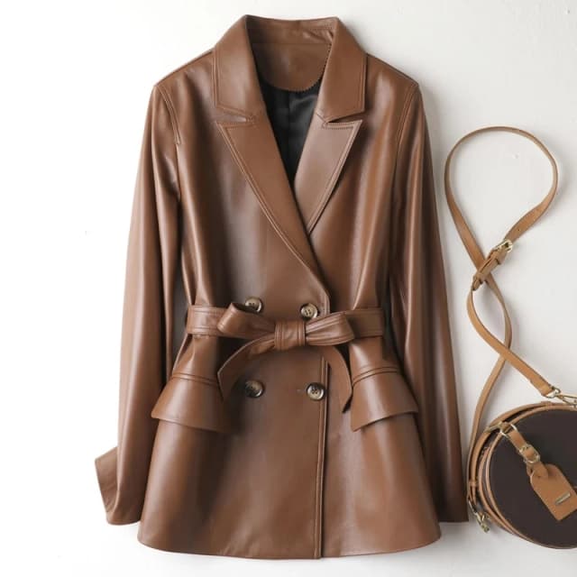 Julypalette Vintage สีน้ำตาล Sheepskin Blazer แจ็คเก็ตสำหรับสตรี2023 Lapel Collar Double Breasted ปุ่มสุภาพสตรีจริงหนัง Coats