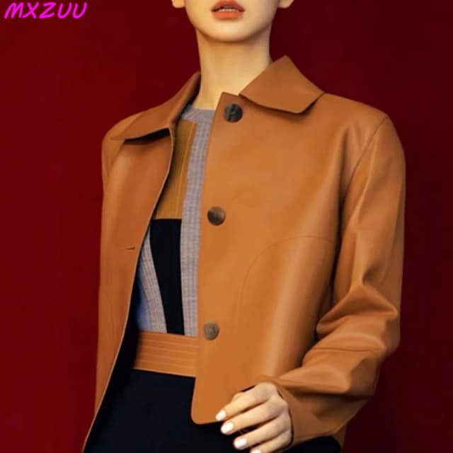ผู้หญิง Sheepskin สั้นเสื้อ Harajuku แฟชั่น Jassen Dames Slim Jaqueta De Couro Legítimo สแควร์อินเทรนด์ Streetwear Coat