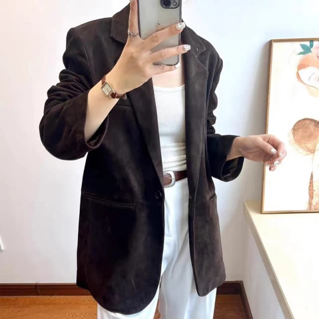 Top layer Suede เสื้อสูทผู้หญิง 2024 หรูหรานําเข้าเด็ก Suede 100% หนังหนึ่งปุ่มกลับตัดเสื้อ Linda Fuchsia Ceket