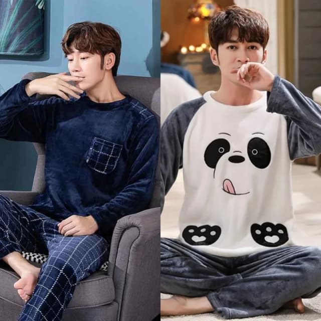 2 ชิ้นชายฤดูใบไม้ร่วงและฤดูหนาว WARM Flannel ชุดนอนชุดแขนยาวสีฟ้าชุดนอนนุ่มสบายๆ O-คอ homewear