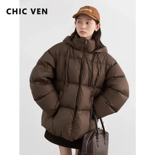 CHIC VENผู้หญิงลงเสื้อหลวมใหม่Hooded 90 เป็ดสีขาวลงเสื้อพัฟหญิงOuterwearฤดูใบไม้ร่วงฤดูหนาว 2024