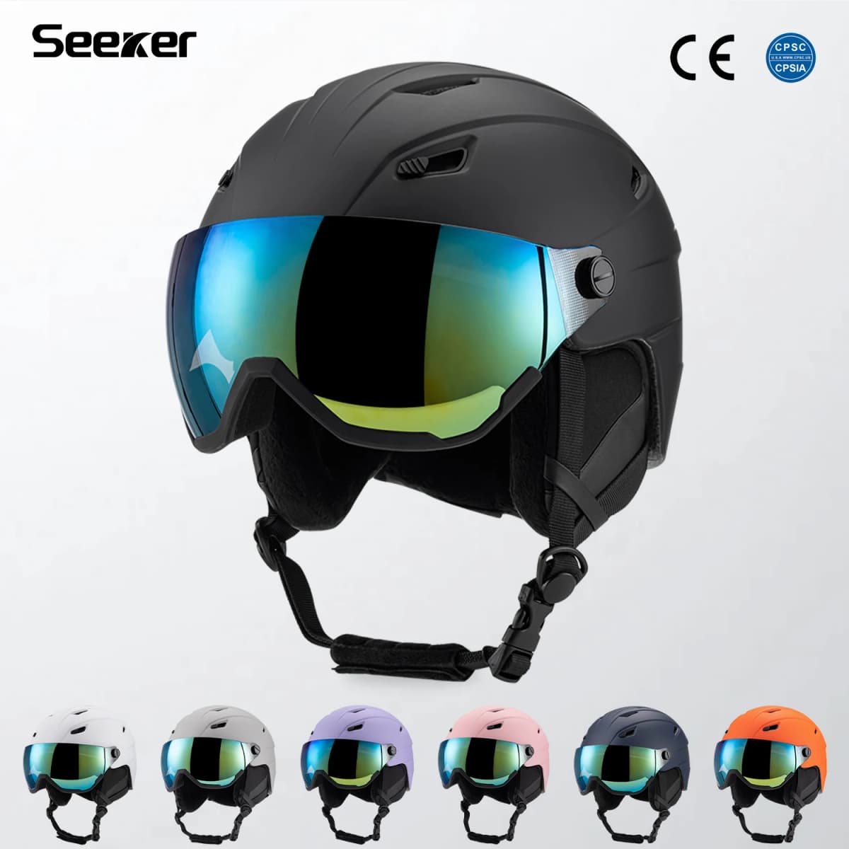 หมวกกันน้ำแข็งแบบมีแว่นตาในตัวสำหรับเล่นสกี รุ่นSEEKER สำหรับผู้ใหญ่ชายและหญิง เหมาะสำหรับกีฬากลางแจ้งแบบเอ็กซ์ตรีม ป้องกันลมและให้ความอบอุ่น อุปกรณ์สำหรับเล่นสกี